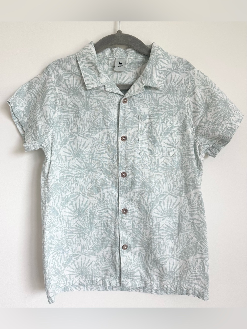 Like New! TU CLOTHING UK Boys Light Green Palm Print Short Sleeve Shirt 5-6 Yrs